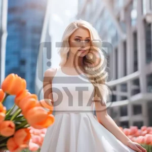 Изображение девушка с букетом тюльпанов