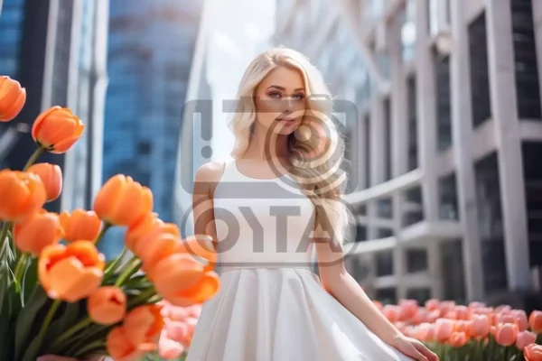 Изображение девушка с букетом тюльпанов