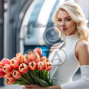 Изображение девушка с тюльпанами