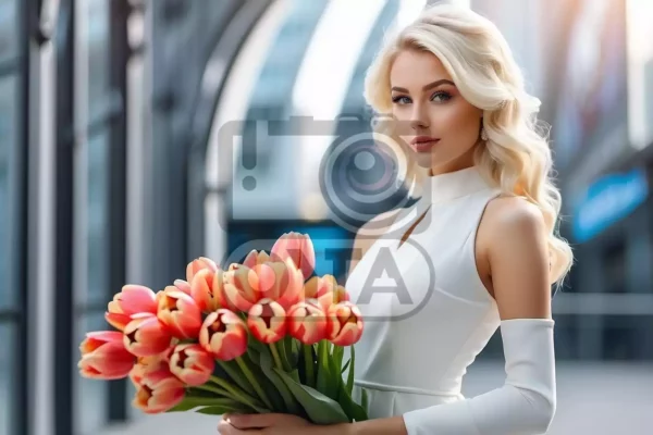 Изображение девушка с тюльпанами