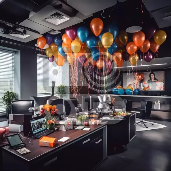 Изображение праздничного офиса с воздушными шарами