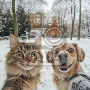 Изображение рыжие собака и кот зимой