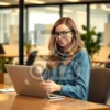 Изображение девушка в очках работает с ноутбуком за столом