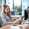 Изображение девушка в офисе работает у монитора