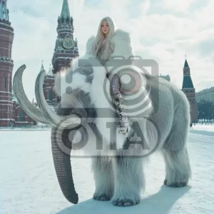 Изображение девушка зимой сидит на мамонте посреди Красной площади