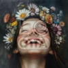 Изображение девушка с венком улыбается, имитация портрета маслом