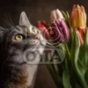 Цветы в кадре, будь то яркие розы, нежные лилии или сочные тюльпаны, добавляют живость и эмоциональную насыщенность изображению. Такое сочетание необычно притягательно и может быть использовано для различных тематик, включая статьи о домашних животных, советы по уходу за растениями, а также для блогов о домашнем уюте и декорировании пространства