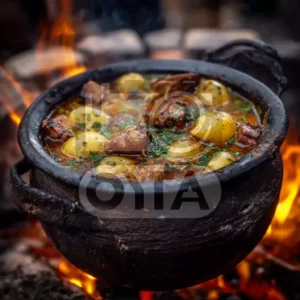 Основой такого жаркого обычно является отборное мясо — говядина, свинина или курица, которое предварительно маринуется с использованием свежих трав и специй, таких как розмарин, тимьян, чеснок и паприка. Эти ингредиенты идеально подчеркивают вкус мяса, делая его мягким и сочным