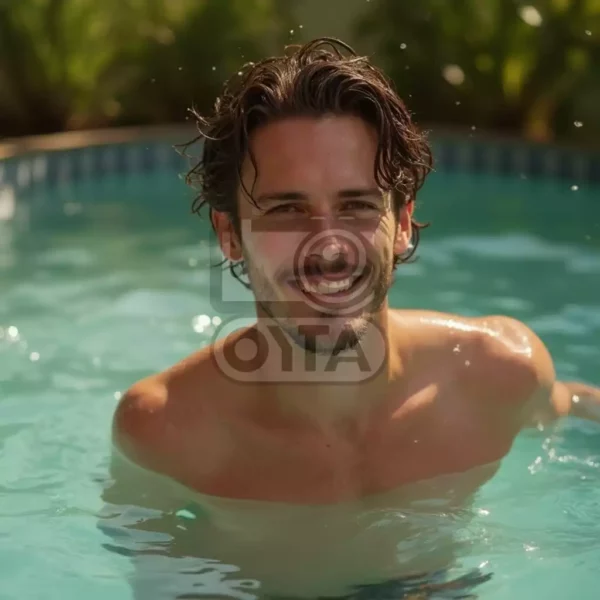 Глубокий контраст между темным оттенком волос и ярко-голубой водой добавляет кадру драматизма и элегантности. Световые блики на поверхности воды подчеркивают динамику момента, а плавные линии тела придают снимку ощущение уверенности и контроля. Фокус на деталях превращает простой кадр в мощный маркетинговый инструмент.  Фотография мужчина в бассейне создаёт впечатление свободного времени, роскоши и современного образа жизни, что важно для карточек товара, постов и баннеров