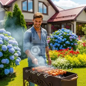 Мужчина, жарит шашлык