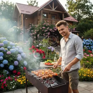 Мужчина, жарит шашлык