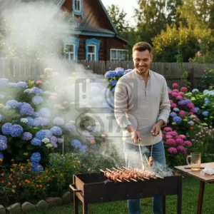 Мужчина жарит шашлык