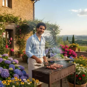 Мужчина жарит шашлык