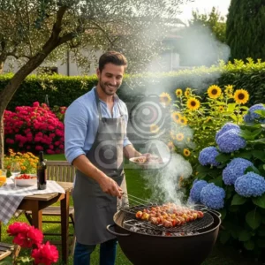 Мужчина жарит шашлык