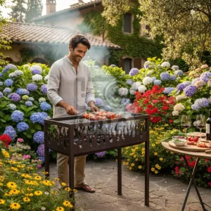 На снимке он сосредоточенно следит за процессом приготовления, а рядом ждут тарелки с салатами, напитки и хлеб, приглашая к приятному застолью. Букеты гортензий с разноцветными шапками создают атмосферу праздника и хорошего настроения