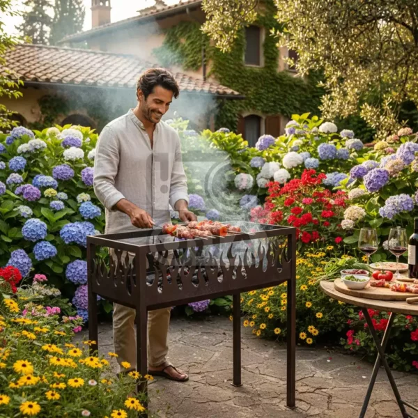 На снимке он сосредоточенно следит за процессом приготовления, а рядом ждут тарелки с салатами, напитки и хлеб, приглашая к приятному застолью. Букеты гортензий с разноцветными шапками создают атмосферу праздника и хорошего настроения